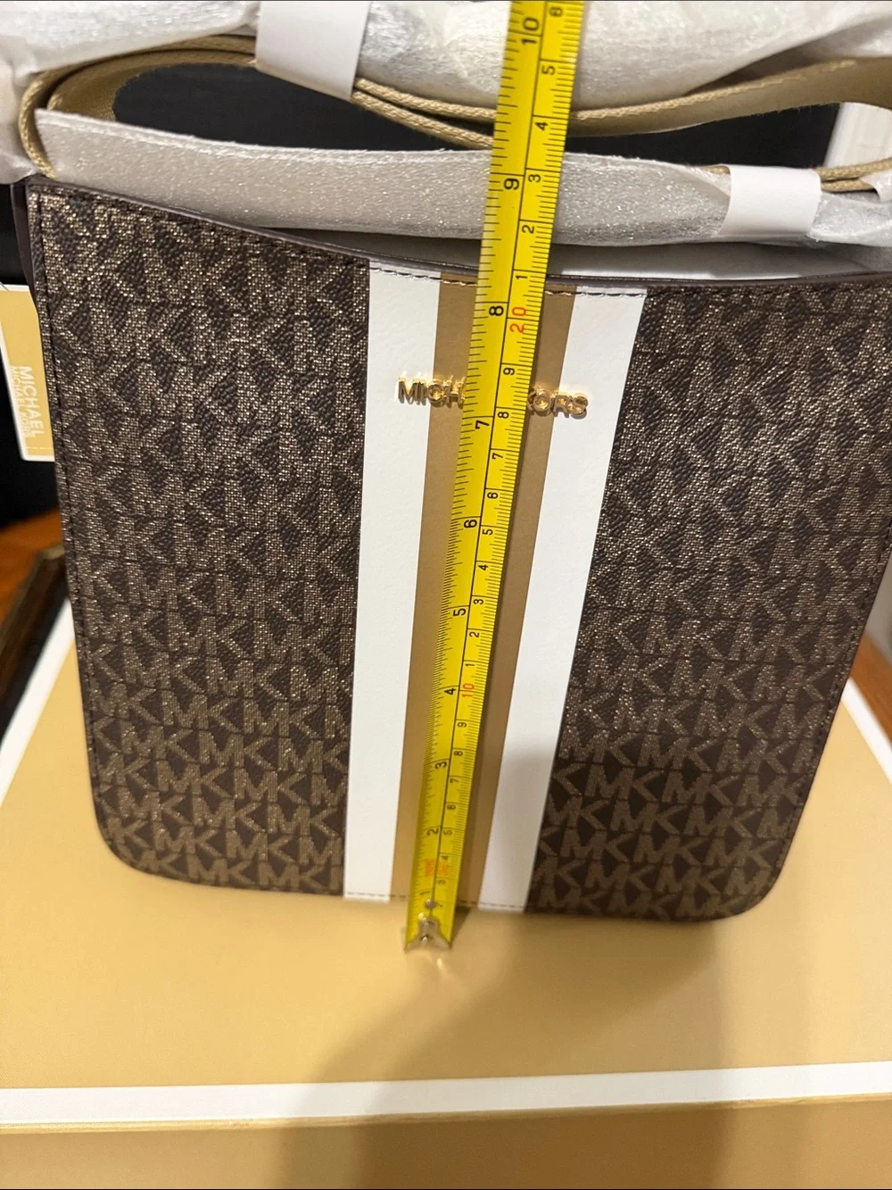 Michael Kors Brown Logo Messenger with White and Gold Stripe